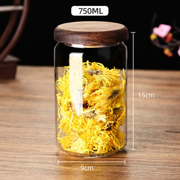 Glass sealed jar wooden lid kitchen universal storage jar coffee and flower tea display storage jar