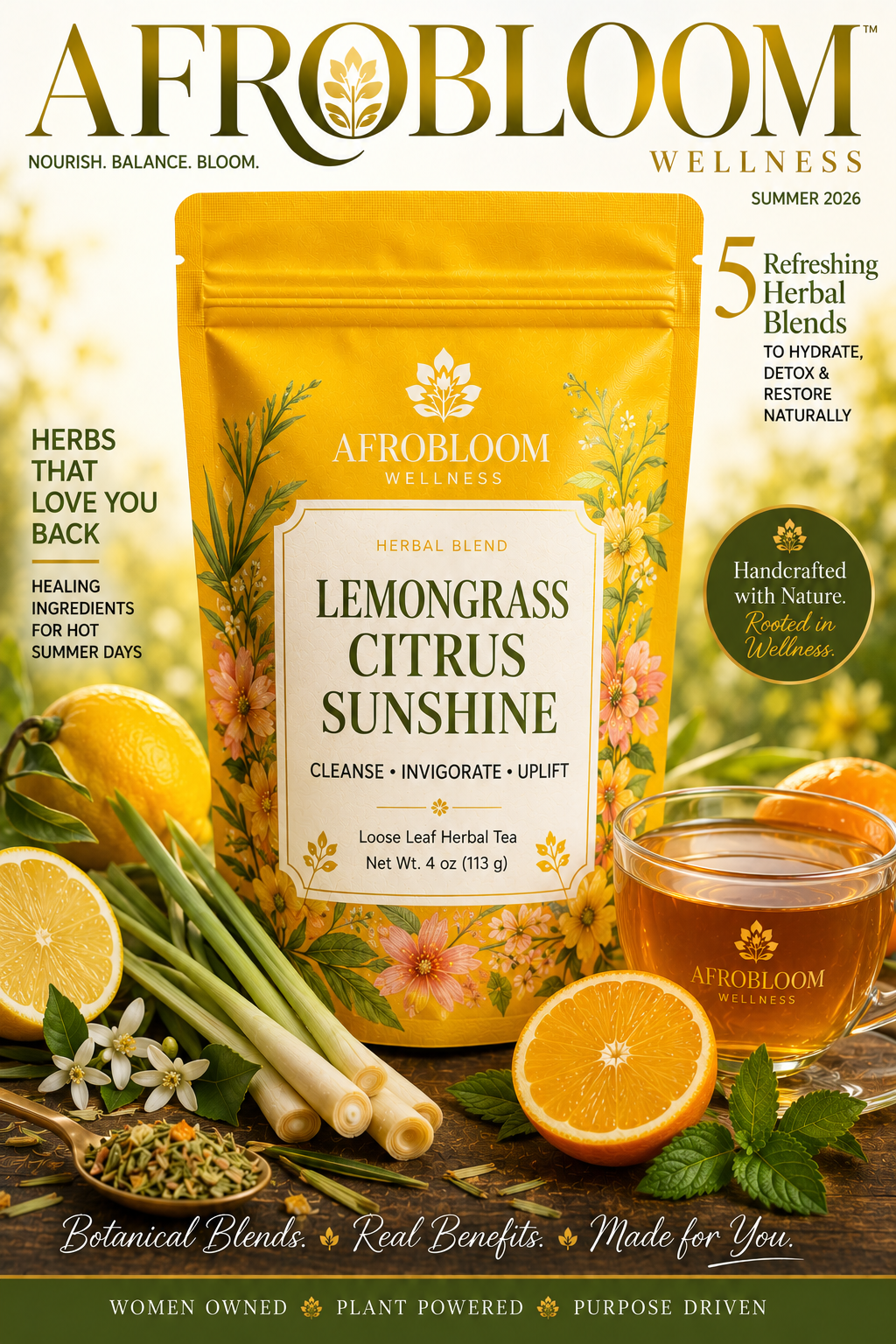 AfroBloom Summer Herbal Tea Blend Collection | 5 Caffeine-Free Loose Leaf Botanical Teas