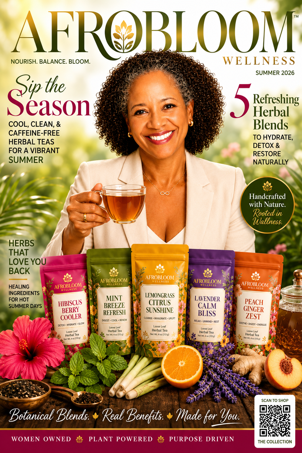 AfroBloom Summer Herbal Tea Blend Collection | 5 Caffeine-Free Loose Leaf Botanical Teas