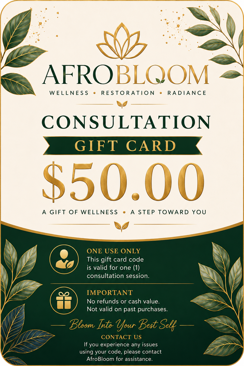 AfroBloom Consultation Gift Card – $50 or $100 Wellness Gift Options